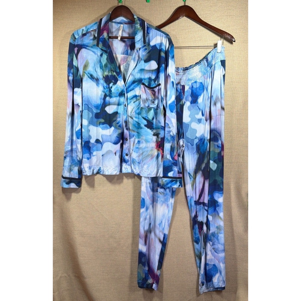 Soma Pajama SET Women's XL/L Blue Watercolor Cool Nights Button Down Top & Pants